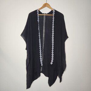 Womens Black Sheer Summer Beach Cover Up White Daisies Kimono Duster M/L